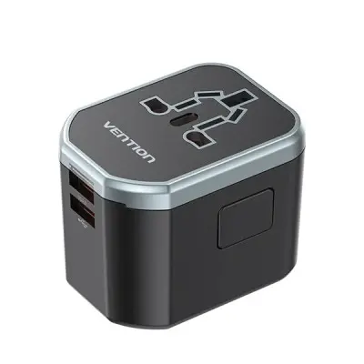VENTION FJCB0 3-Port USB (C + A + A) Universal Travel Adapter (20W/18W/18W) Black