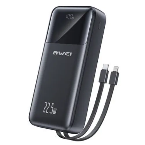 [09574] Awei P106K 10000mah Fast Charging Power Bank Black With Type C & Lightning Cable (22.5W)