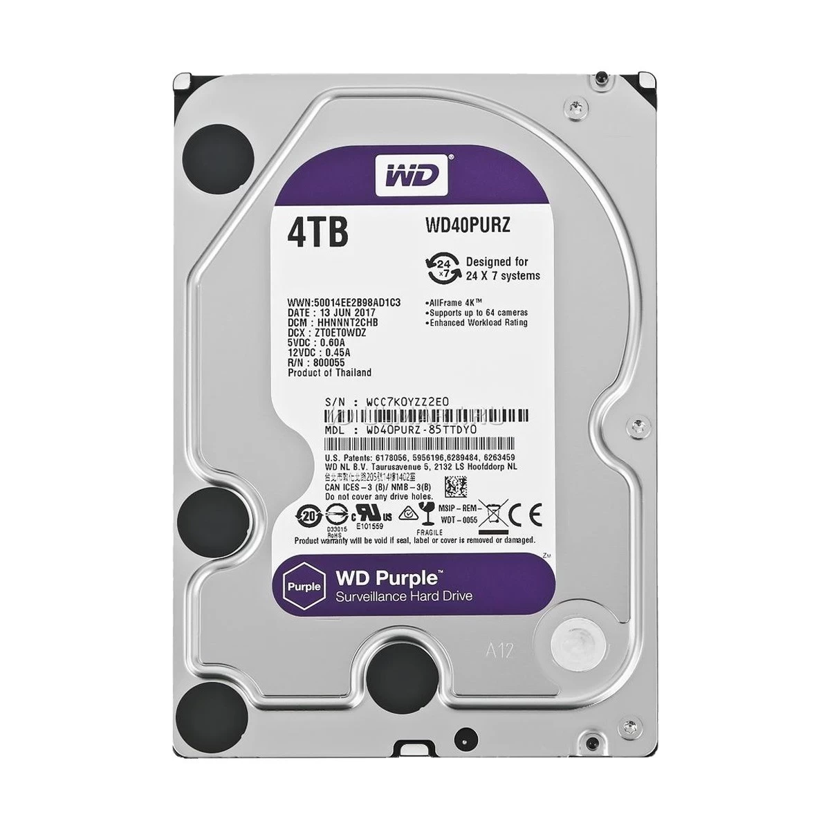 Western Digital Purple 4TB 3.5 Inch SATA 5400RPM Surveillance HDD #WD40PURZ/WD40EJRX 