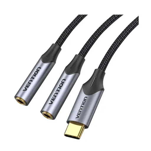 [07095] VENTION BGNHY Type-C Male to Dual 3.5mm Female, 0.3 Meter, Gray Audio Splitter # BGNHY
