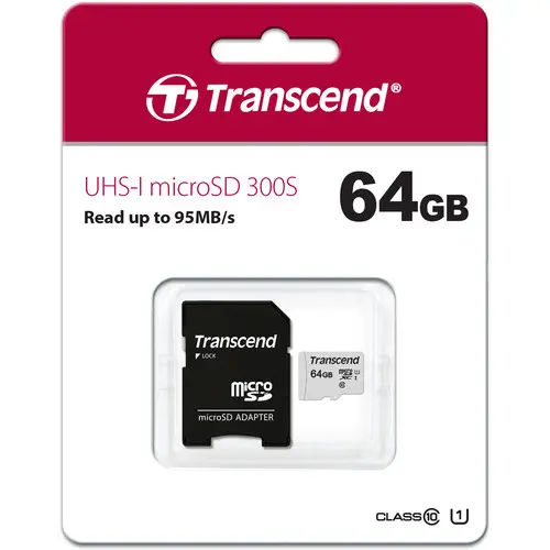 [06164] Transcend 64GB Micro SD UHS-I U1 Memory Card with Adapter (TS64GUSD300S-A)
