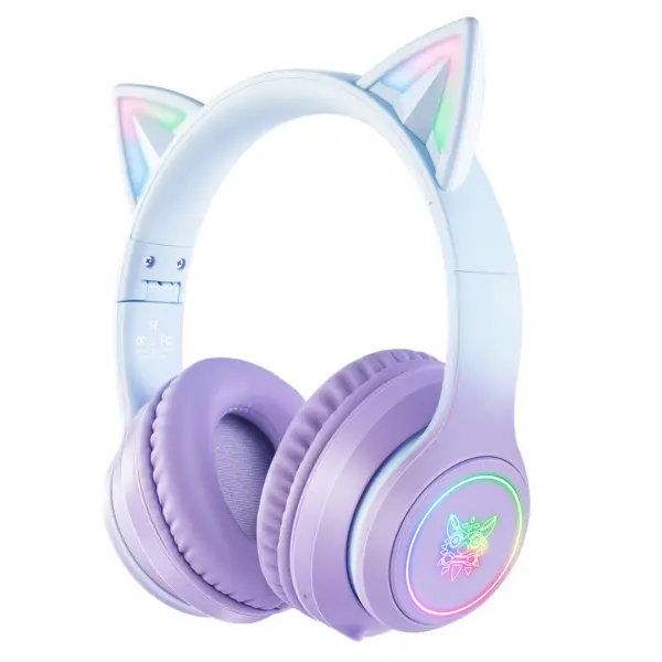 Onikuma B90 RGB Cat Ear Bluetooth 5.0 Wireless Gaming Headset, Purple