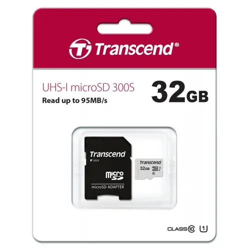 [0008051] Transcend 32GB Micro SD UHS-I U1-Class-10-Memory Card with Adapter (TS32GUSD300S-A)